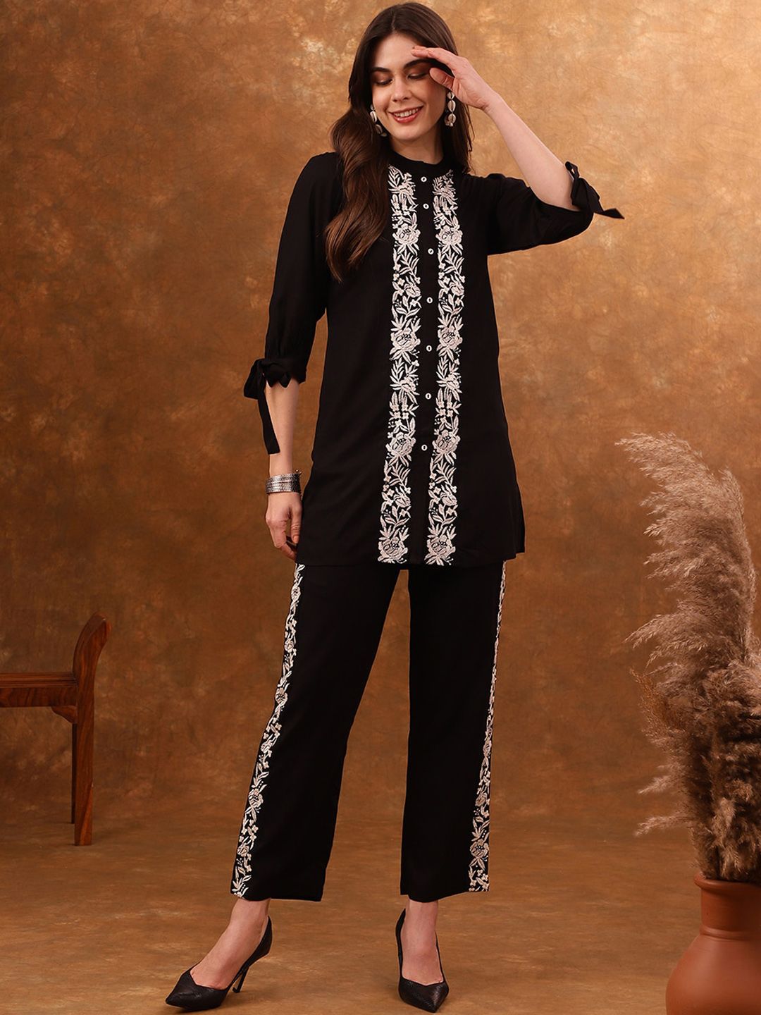 Anouk Black Silk Blend Embroidered Tunic with Trousers
