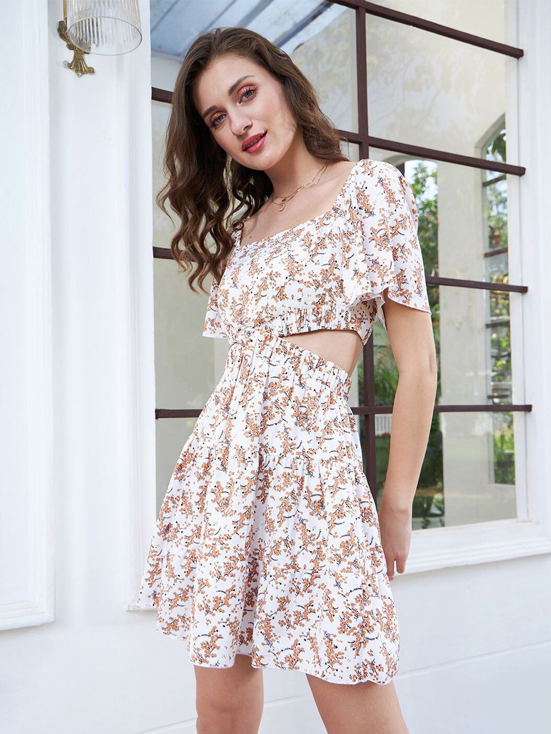 Berrylush Floral Print Flutter Sleeve Crepe Fit & Flare Dress