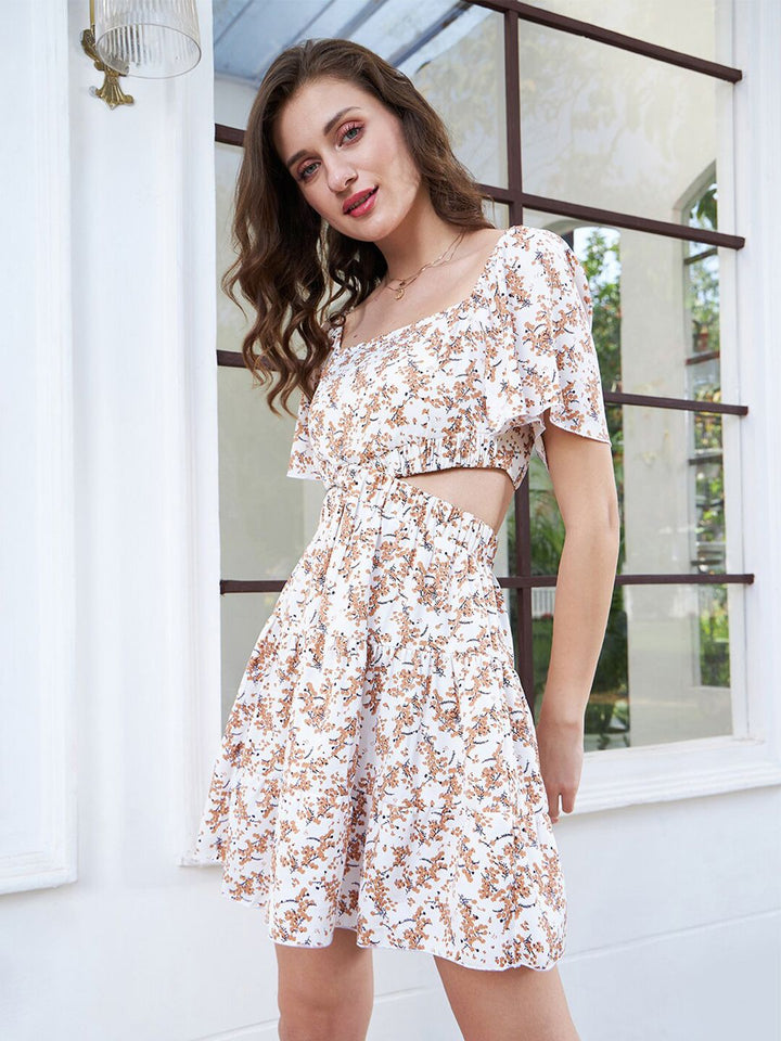 Berrylush Floral Print Flutter Sleeve Crepe Fit & Flare Dress