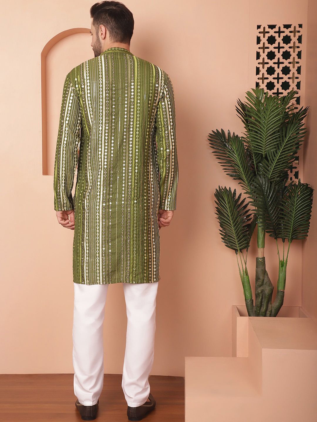 Jompers Geometric Embroidered Regular Mirror Work Straight Kurta With Pyjamas