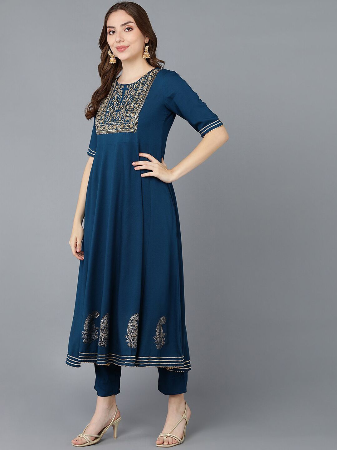 KALINI Ethnic Motifs Embroidered Round Neck Sequinned Empire Kurta With Trouser & Dupatta