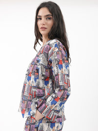 Rareism Conversational Printed V Neck Cotton Empire Top