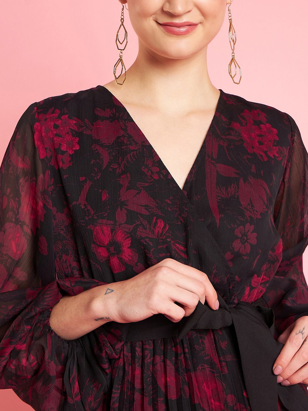 Antheaa Black V-Neck Bishop Sleeves Floral Printed Midi Opaque Party Dress