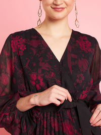 Antheaa Black V-Neck Bishop Sleeves Floral Printed Midi Opaque Party Dress