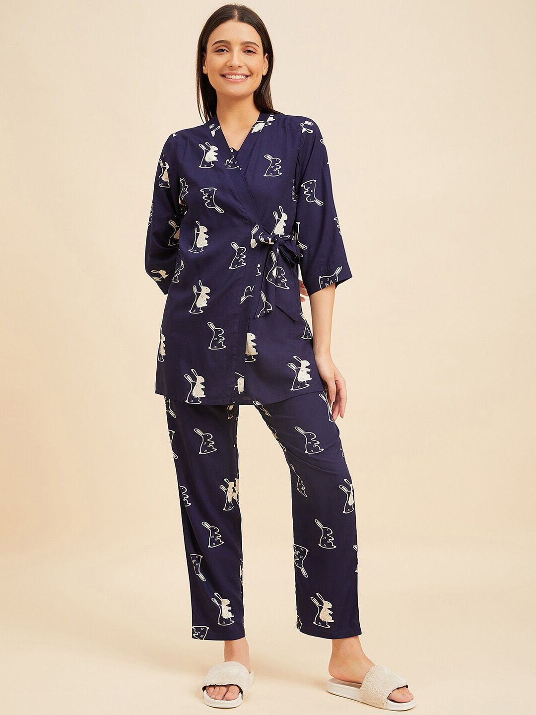 Sweet Dreams 3 Piece Navy Blue & White Conversational Printed Night suit