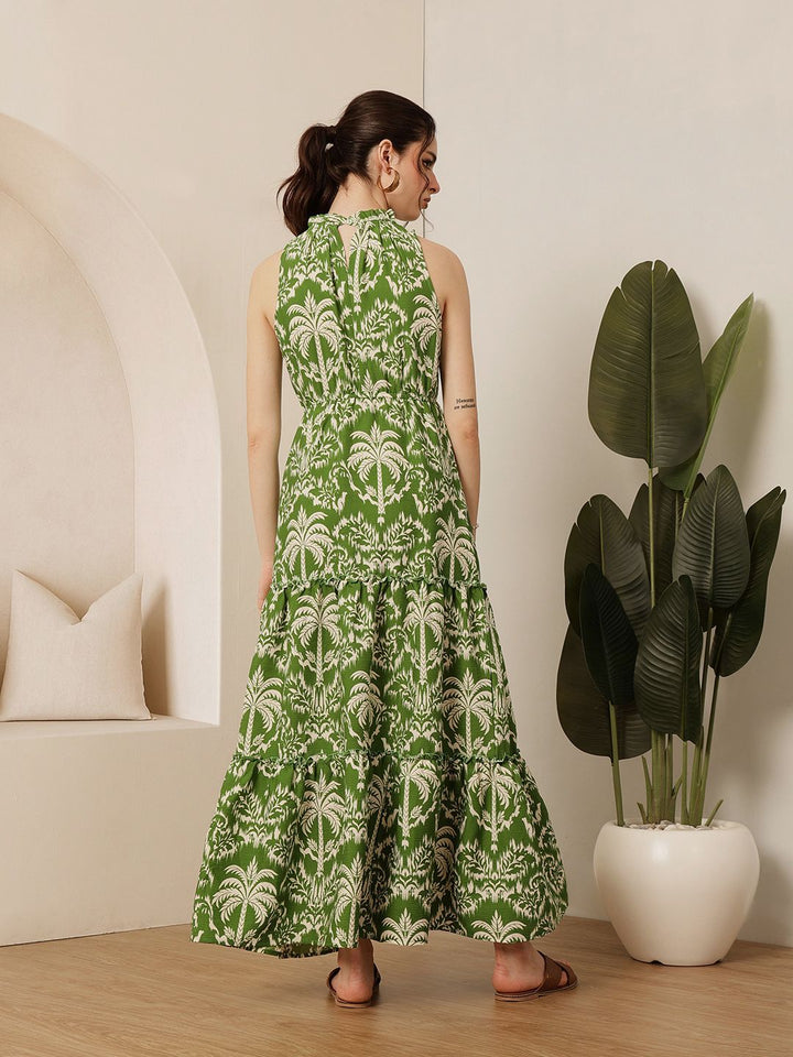 STREET 9 Women Tropical Printed Sleeveless Cotton Fit and Flare Maxi Dress
