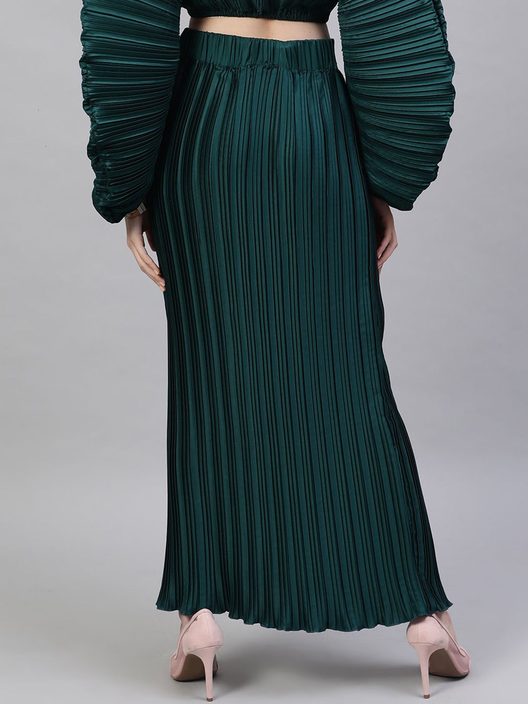 STREET 9 Women Green Solid Satin Finish Accordion Pleated Maxi A-Line Skirt