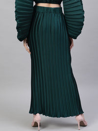 STREET 9 Women Green Solid Satin Finish Accordion Pleated Maxi A-Line Skirt