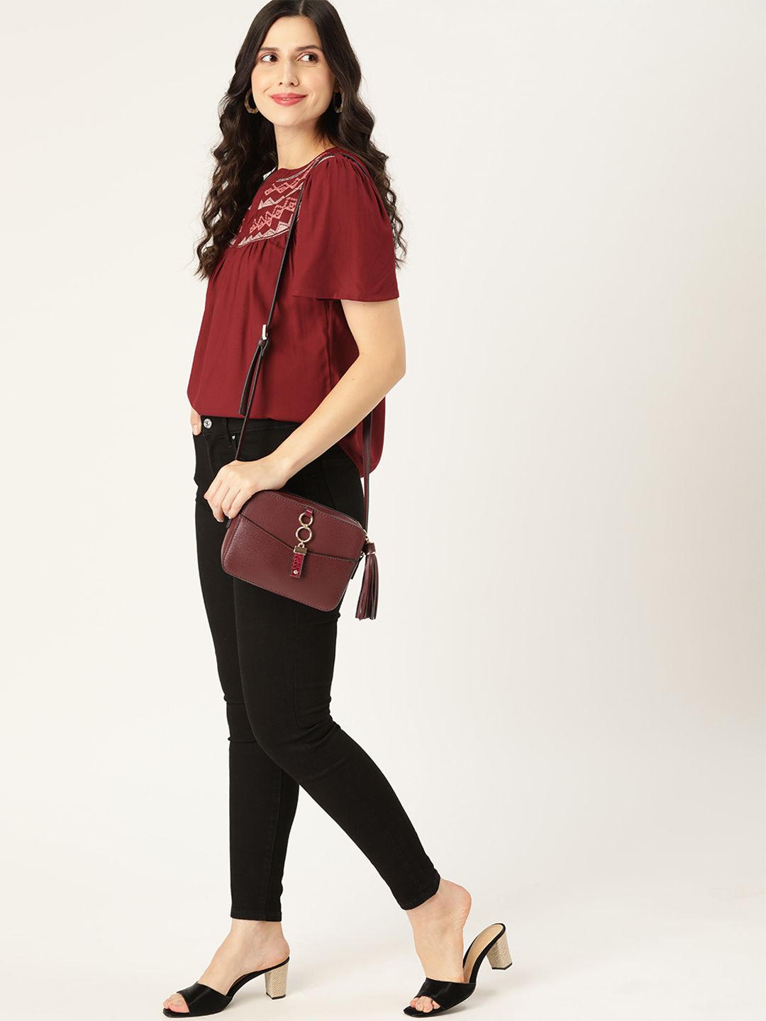 all about you Maroon Solid Regular Top With Embroidered Detail