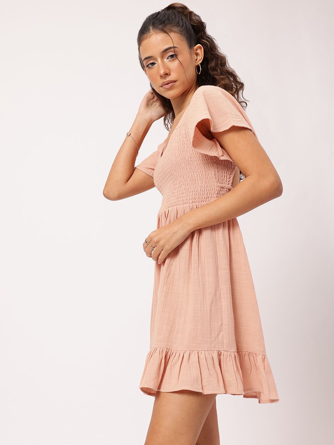 DressBerry Sweet Elegance Cut-Out Smocked Flutter Sleeve Mini Dress