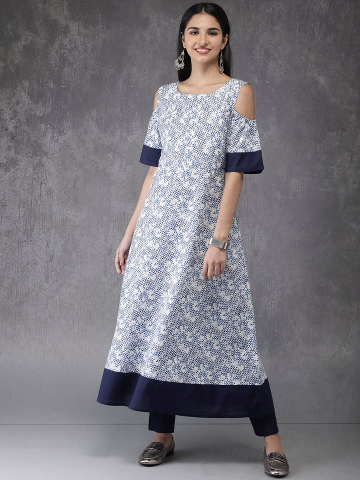 Anouk Women White & Blue Printed Kurta with Trousers