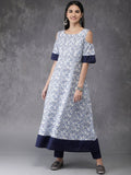 Anouk Women White & Blue Printed Kurta with Trousers