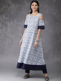 Anouk Women White & Blue Printed Kurta with Trousers