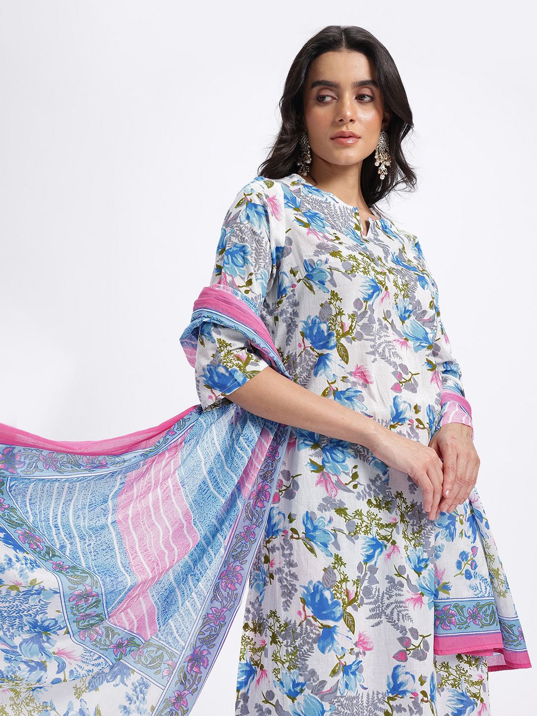 Anouk Floral Printed Pure Cotton Kurta dengan Seluar & Dupatta