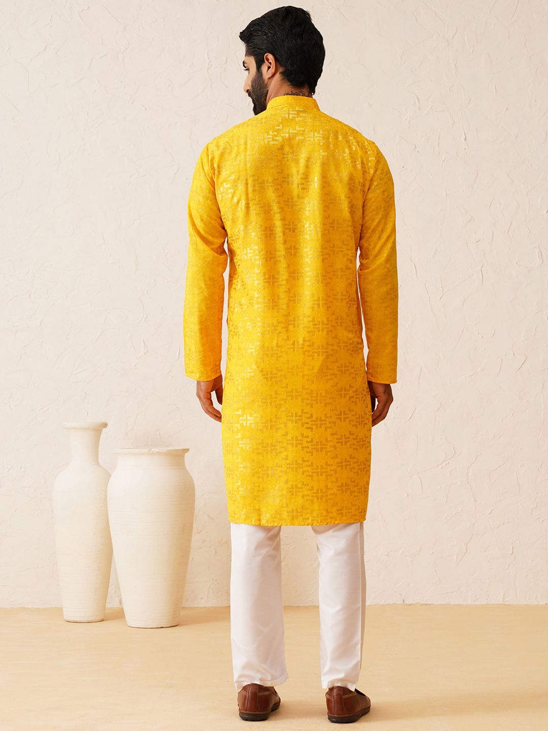 SOJANYA Geometric Woven Design Mandarin Collar Zari Cotton Straight Kurta