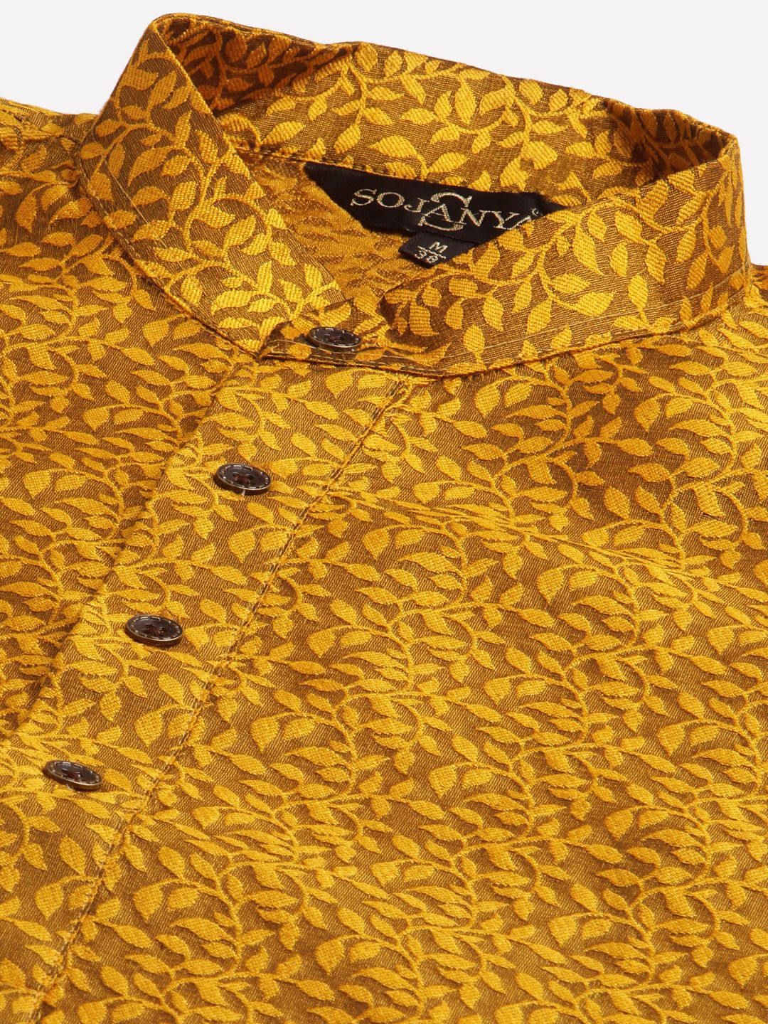 SOJANYA Lelaki Mustard Yellow Self Design Kurta Sutera Jacquard dengan Jaket Churidar & Nehru