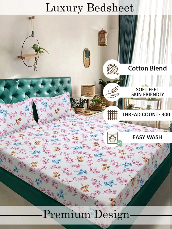 Myntra Elegant Homes White Floral 300 TC King Bedsheet with 2 Pillow Covers