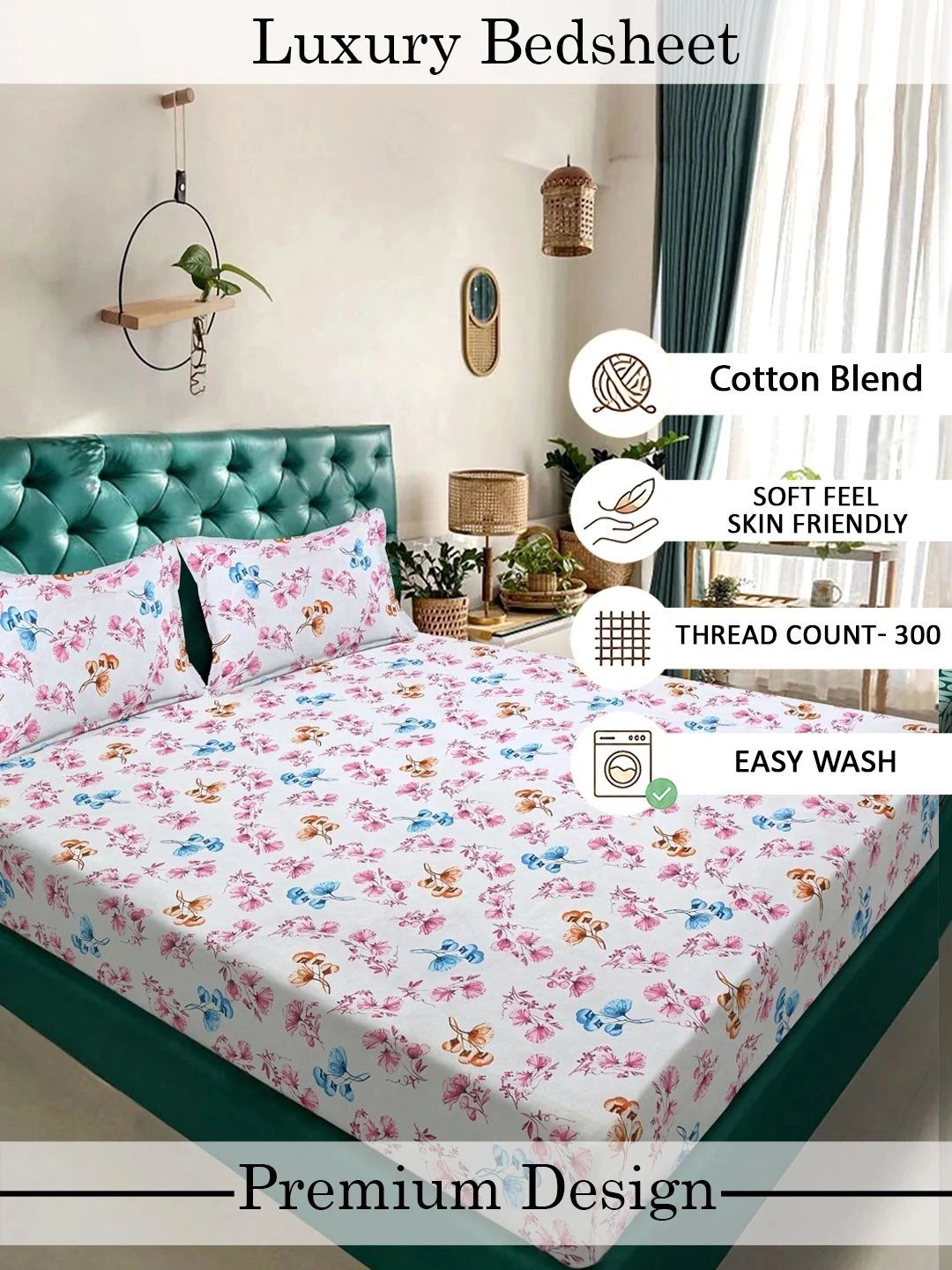 Myntra Elegant Homes White Floral 300 TC King Bedsheet with 2 Pillow Covers