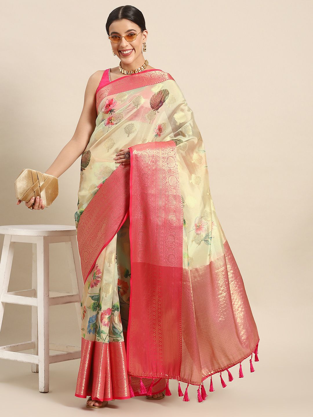 Silk Land Woven Kalamkari Art Silk Chanderi Digital Print Saree