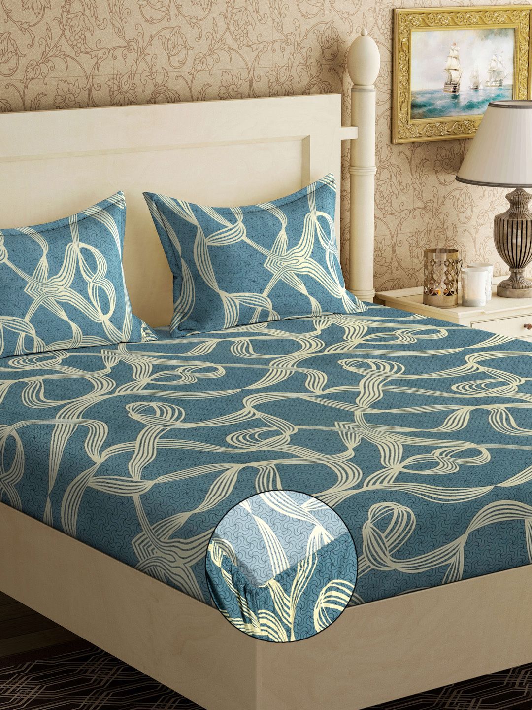 Myntra Elegant Homes Biru & Beige Printed 300 TC Set Cadar King- 250 sm x 225 cm