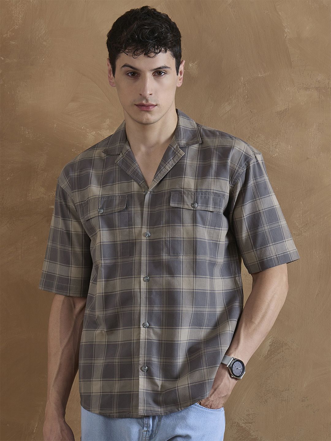 DENNISON Men Comfort Relaxed Fit Checked Dual Flap Pocket Cotton Shirt