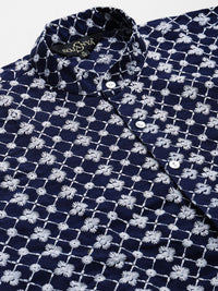 SOJANYA Men Navy Chikankari Embroidered Kurta with Churidar & Nehru Jacket