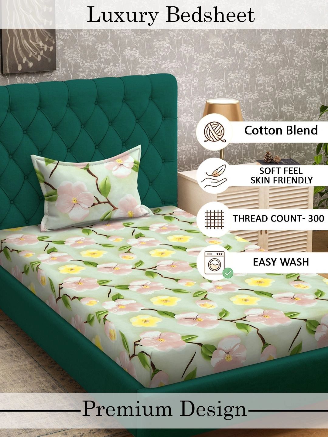 Myntra Elegant Homes Green Floral 400 TC Cadar Tempat Tidur Single dengan 1 Sarung Bantal
