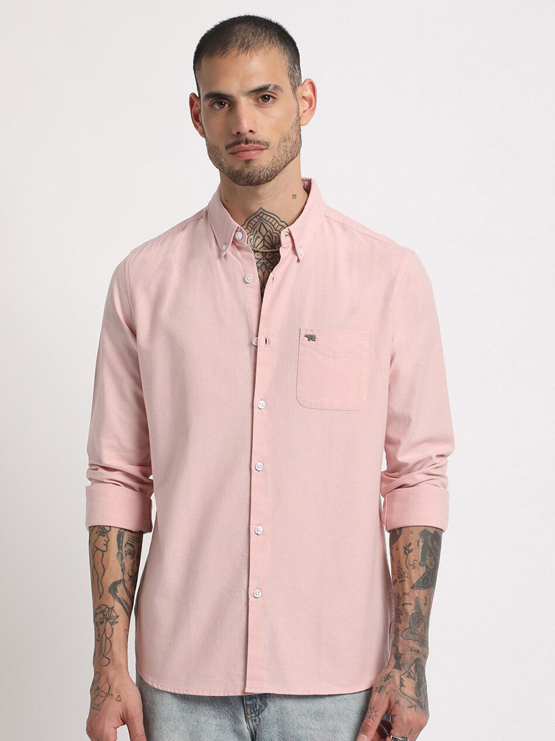 THE BEAR HOUSE Slim Fit Button-Down Collar Casual Pure Cotton Shirt