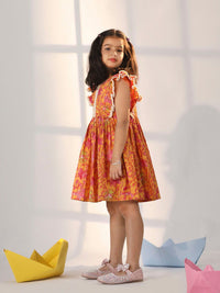VASTRAMAY Girls Floral Printed Batwing Sleeves Lace Inserts Fit & Flare Dress