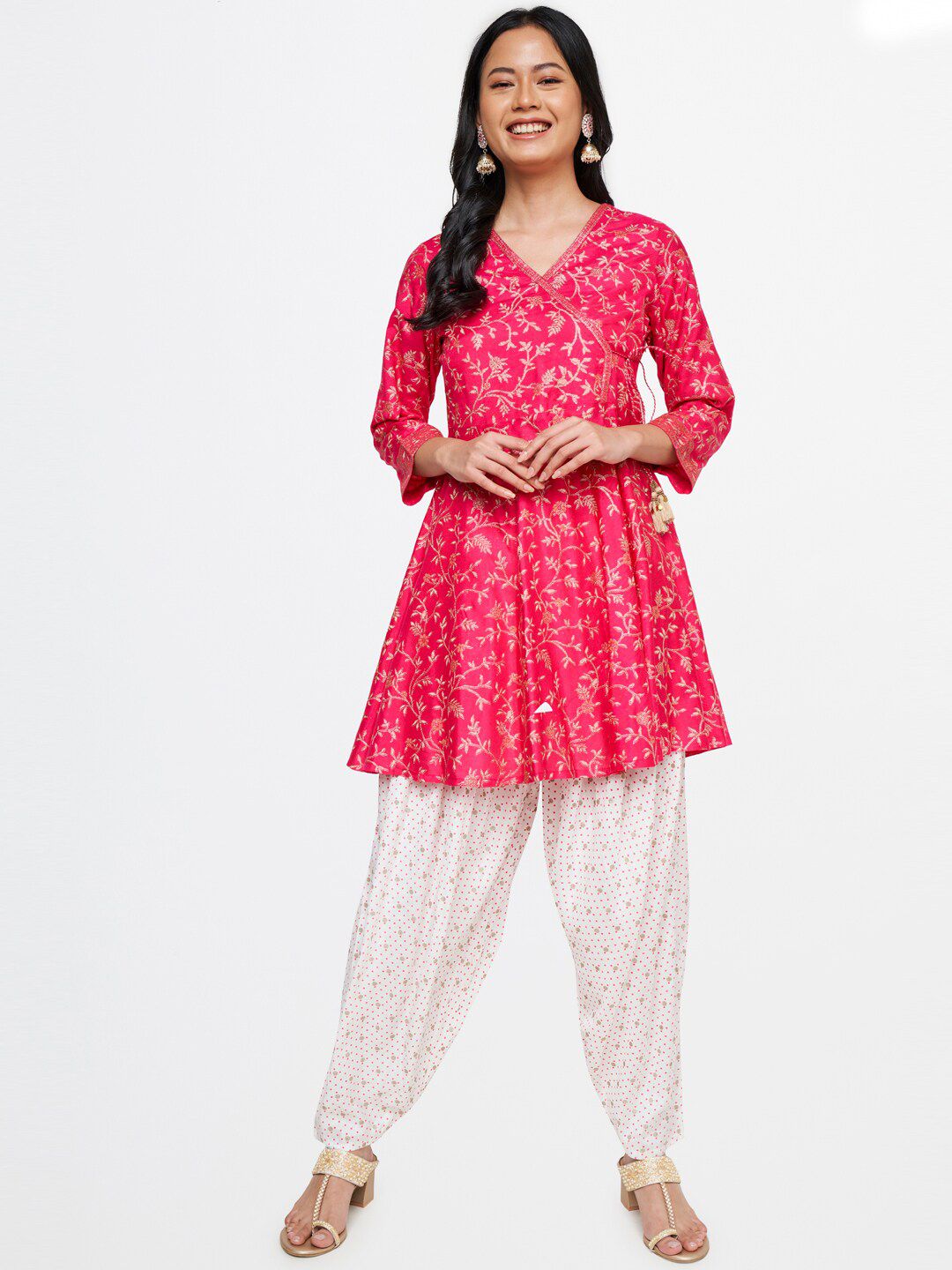Global Desi Women Pink Ethnic Motifs Printed Angrakha Kurta with Dhoti Pants