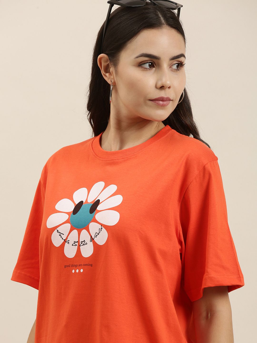 Difference of Opinion Women Orange Typography Printed Pure Cotton Oversized T-Shirt