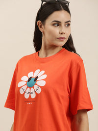 Difference of Opinion Women Orange Typography Printed Pure Cotton Oversized T-Shirt