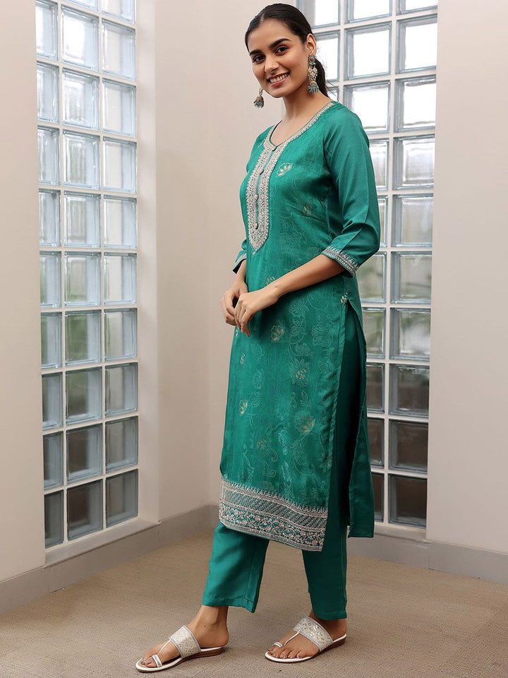 Libas Floral Embroidered Zari Straight Kurta with Palazzos & Dupatta