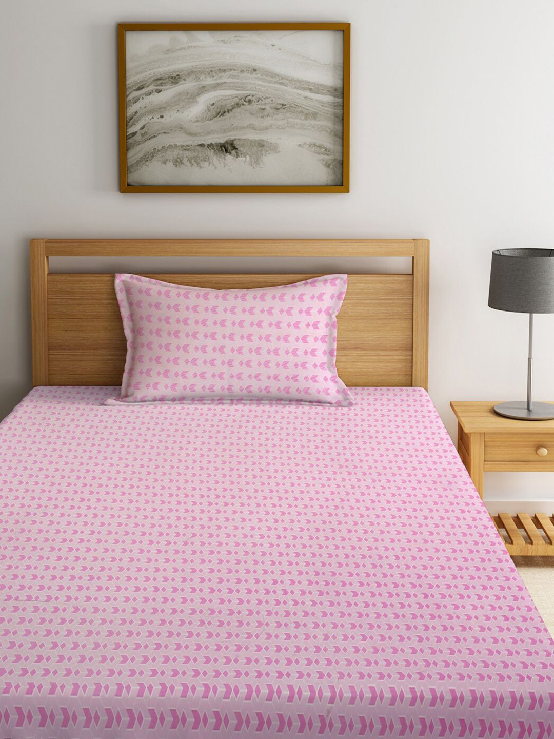 KLOTTHE Pink & White Printed 300 TC Single Bedsheet & 1 Pillow Cover