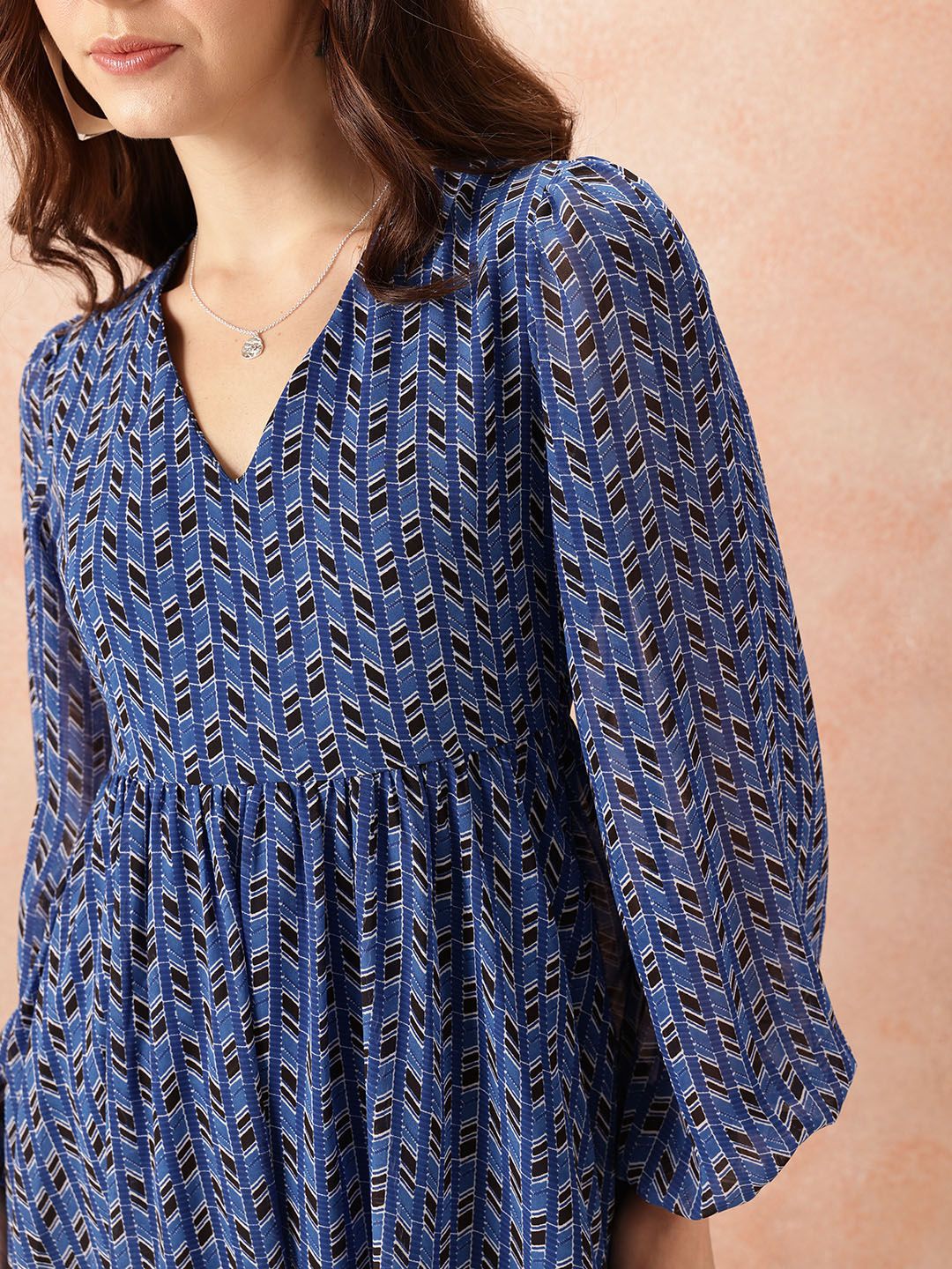 all about you Geometric Print Puff Sleeve Fit & Flare Midi Dress