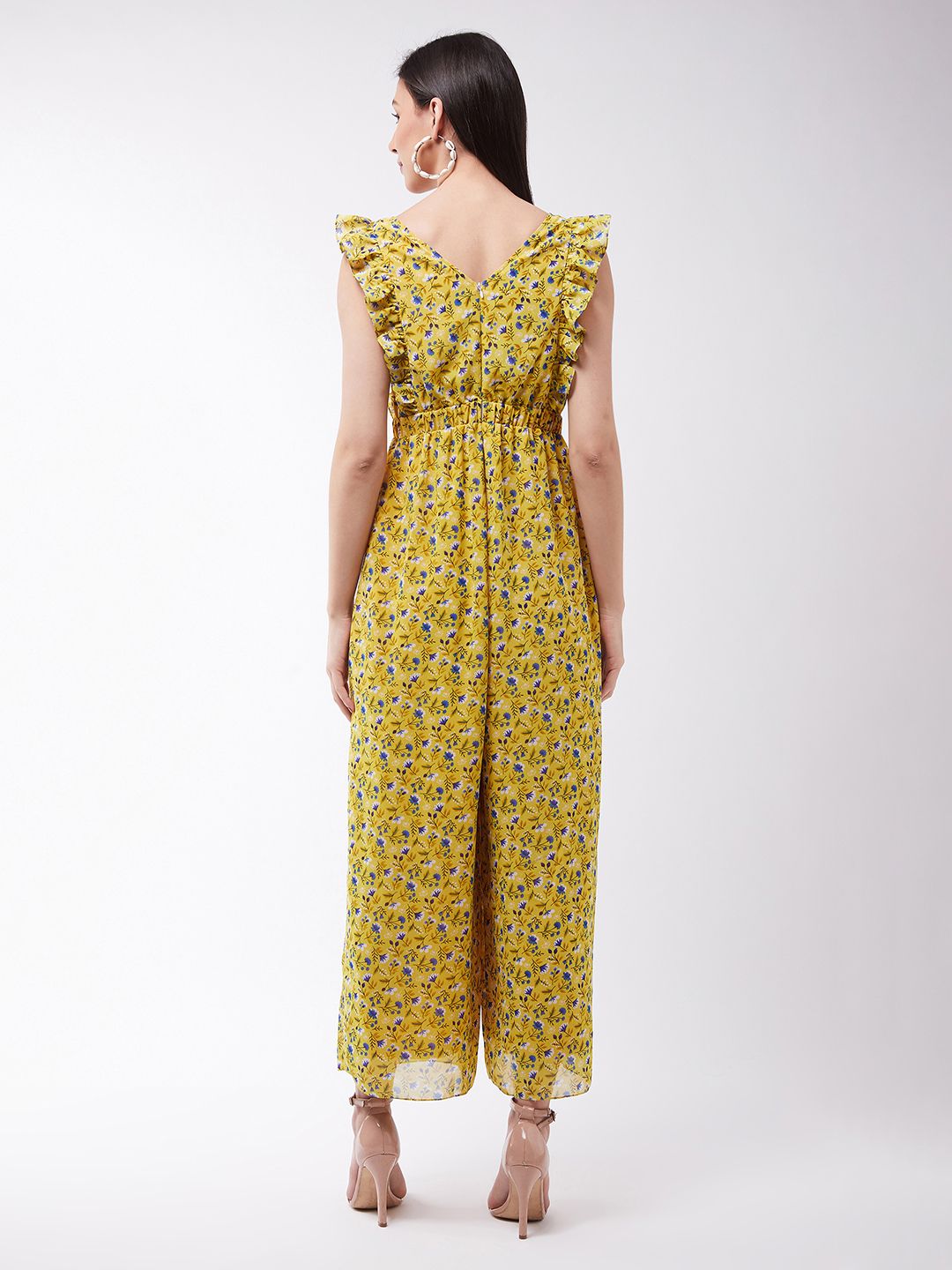 Miss Chase Women Chase Floral Printed Frilled Neck Lengan Tanpa Lengan Lebar Lebar Biasa Jumpsuit