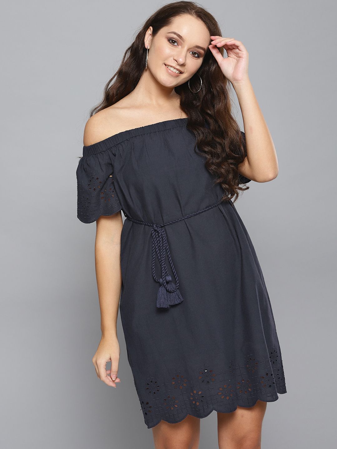 STREET 9 Women Navy Blue Solid Off-Shoulder Shift Dress