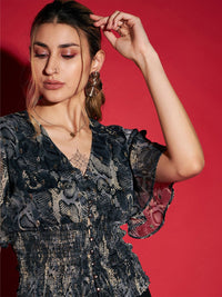 SASSAFRAS Grey Printed Bell Sleeve Smocked Georgette Top