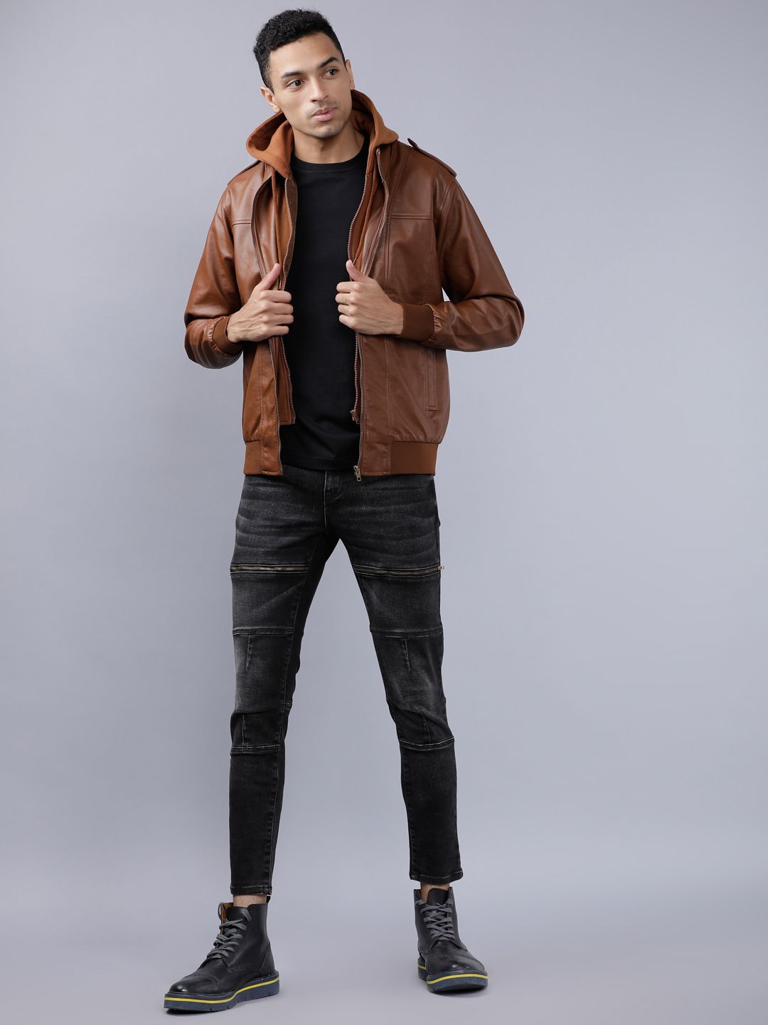 HIGHLANDER Men Brown Solid Biker Jacket