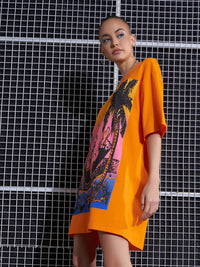 SASSAFRAS Orange Graphic Printed Drop Shoulder Pure Cotton Oversized T-Shirt Dress
