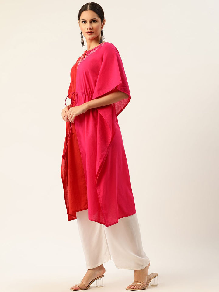 Anouk Women Red & Pink Colourblocked Cotton Kimono Sleeves Kaftan Kurta with Waist Tie-Up