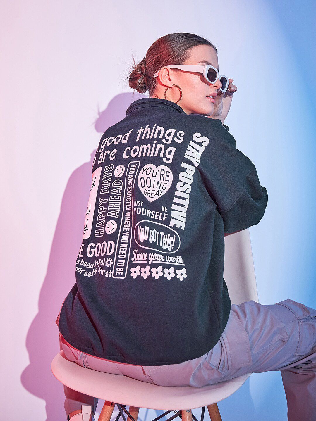 STREET 9 Typography Printed Mock Collar Half Zipper Fleece & Cotton Pullover Sweatshirt