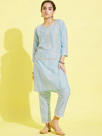 VASTRAMAY Girls Blue Ethnic Motifs Embroidered Mirror Work Kurta with Trousers