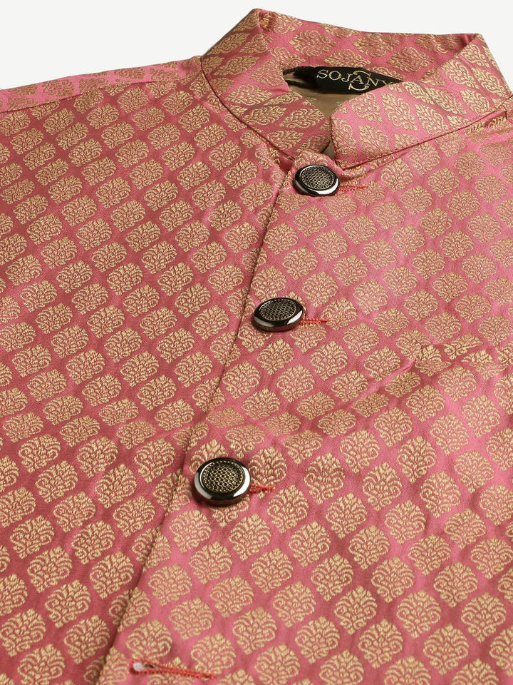 SOJANYA Men Cream-Coloured Solid Kurta with Churidar & Nehru Jacket