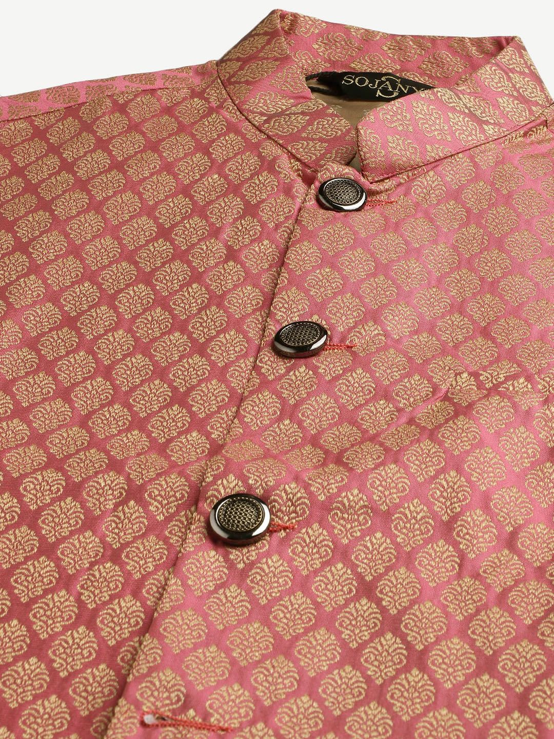 SOJANYA Men Cream-Coloured Solid Kurta with Churidar & Nehru Jacket