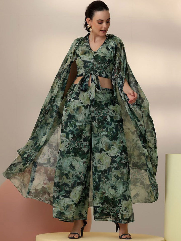 Libas Floral Printed V-Neck Top & Palazzo With Shrug