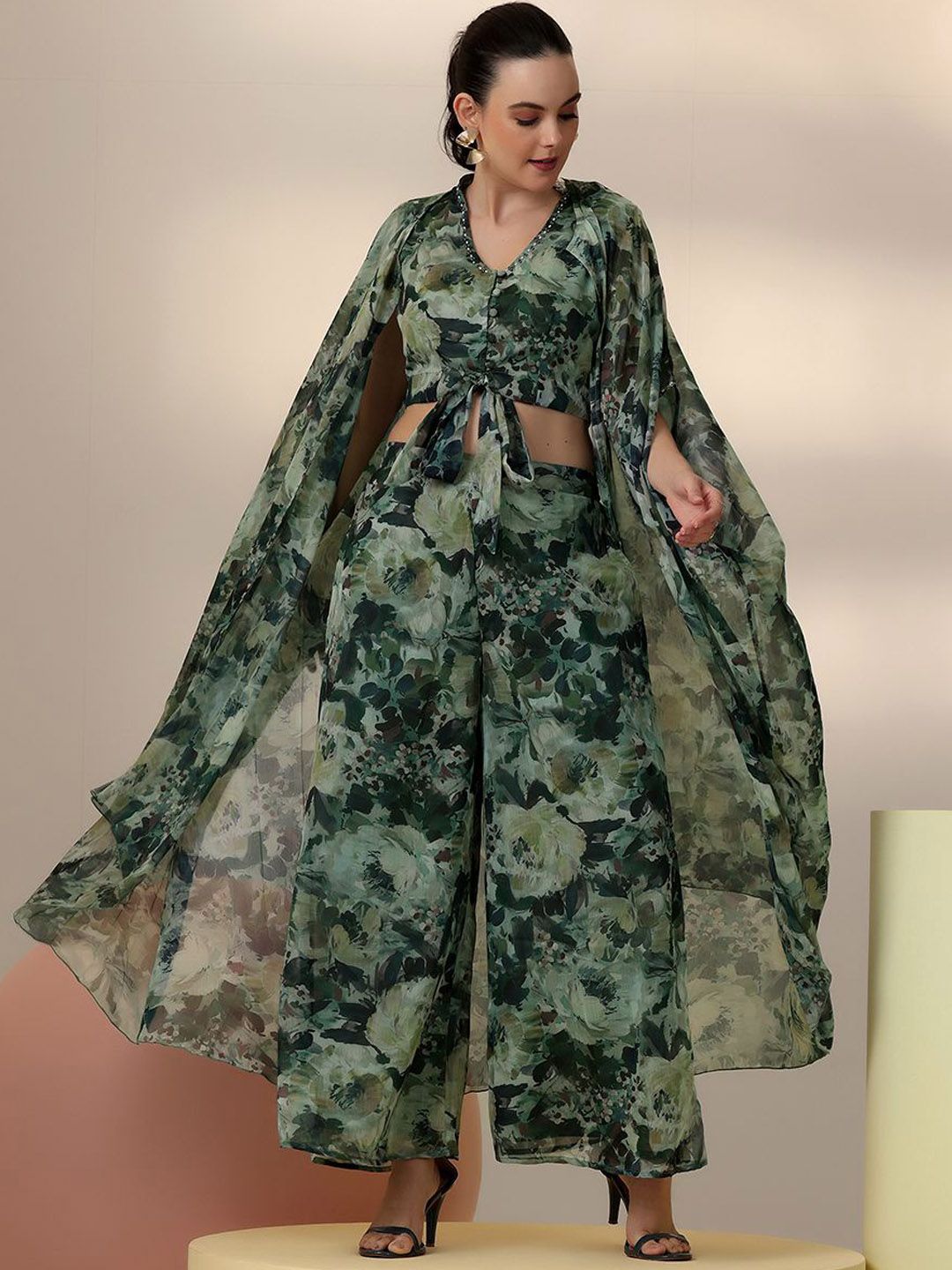 Libas Floral Printed V-Neck Top & Palazzo With Shrug