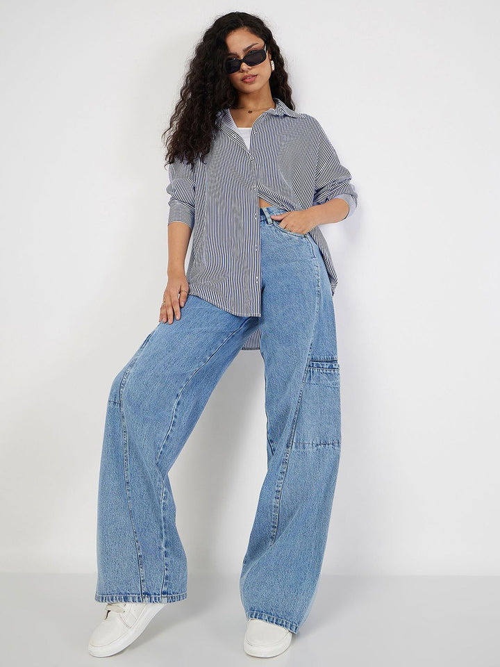 SASSAFRAS Oversized Striped Spread Collar Casual Shirt