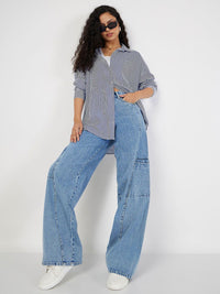 SASSAFRAS Oversized Striped Spread Collar Casual Shirt