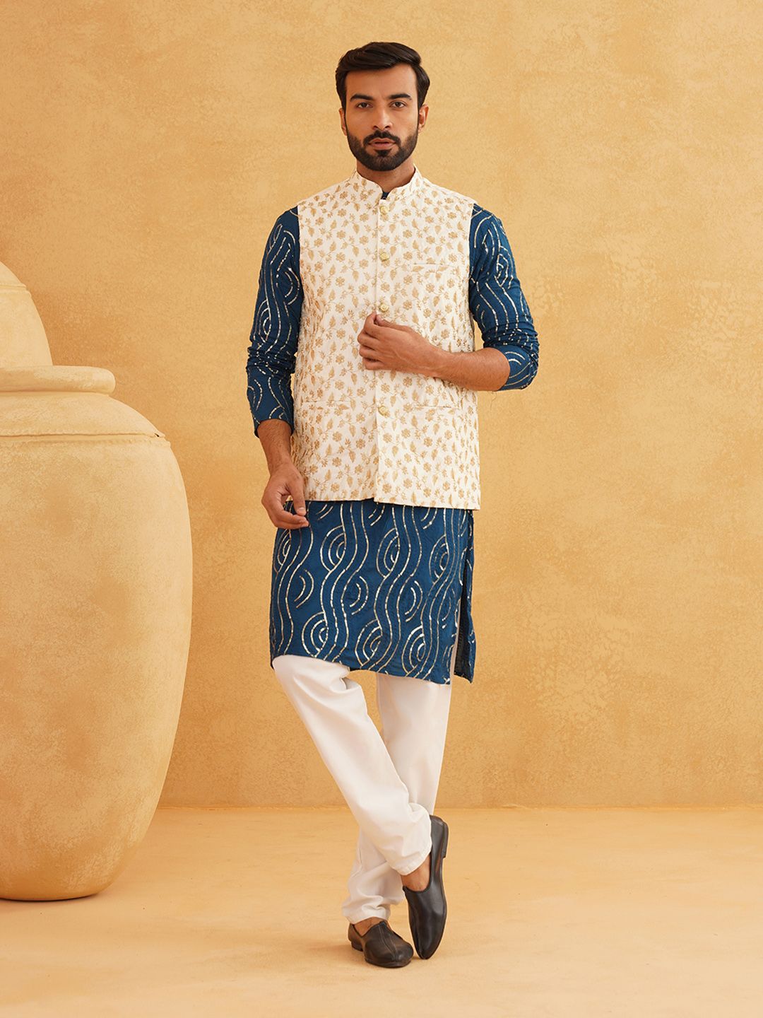 SOJANYA Lelaki Leheriya Sulam Kurta Kapas Tulen Labuci Dengan Churidar & Nehru Kurta